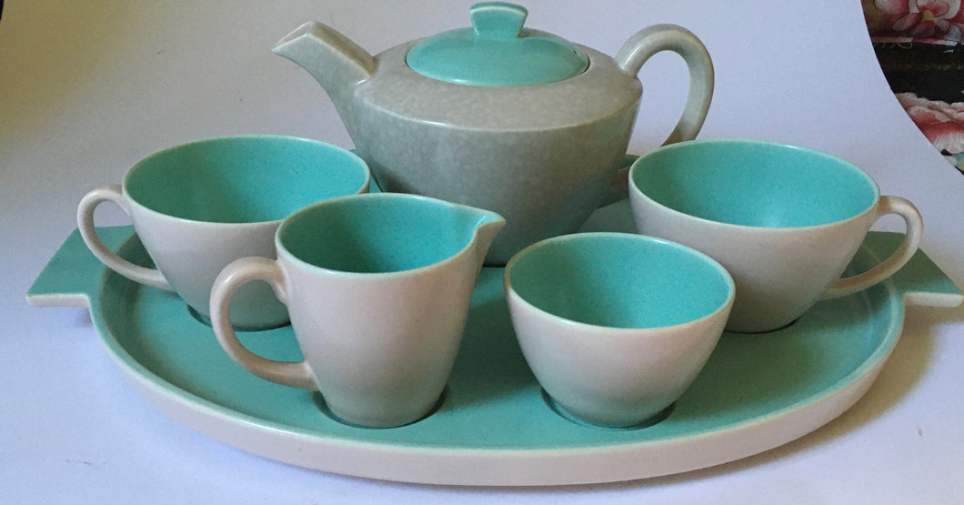 Poole Pottery Tea-for-two on tray 096 two tone green