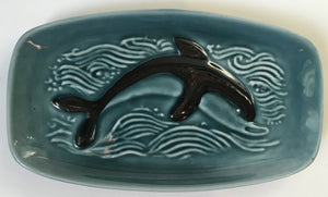 Poole Pottery Doliphin dish deep green & black