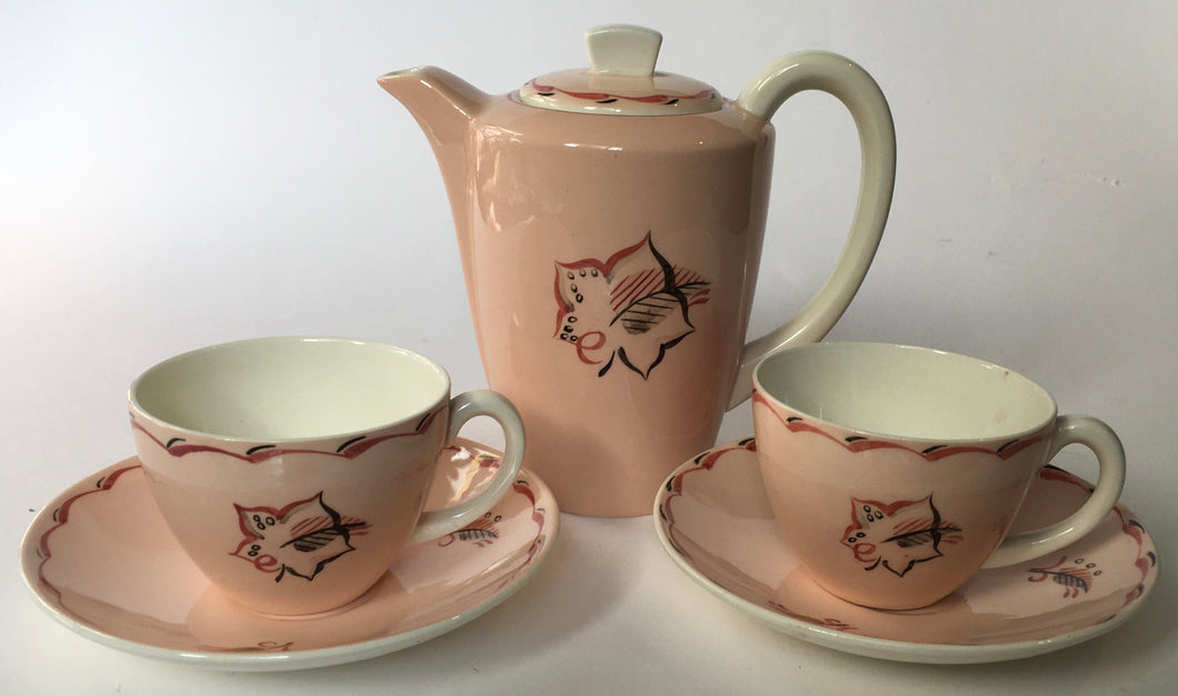 Hand Painted Poole Pottery Small coffee pot & two cups & saucers pink & white - Gwyneth Flowers (Batten) 1946-48)