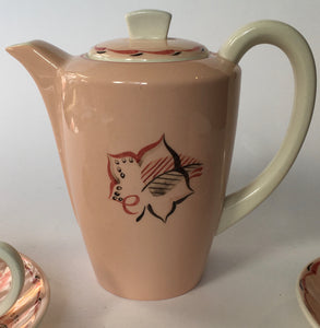 Hand Painted Poole Pottery Small coffee pot & two cups & saucers pink & white - Gwyneth Flowers (Batten) 1946-48)