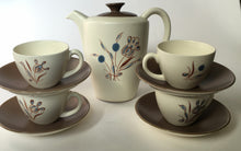 Load image into Gallery viewer, Poole Pottery coffee pot &amp; four cups &amp; saucers Brown &amp; Cream traditional - Hand Painted
