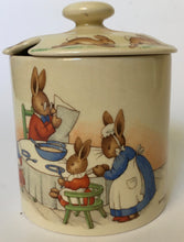 Load image into Gallery viewer, RARE Royal Doulton Bunnykins JAM POT - HW 12 Family at Breakfast & HW 15 R Cycling Signed BARBARA VERNON