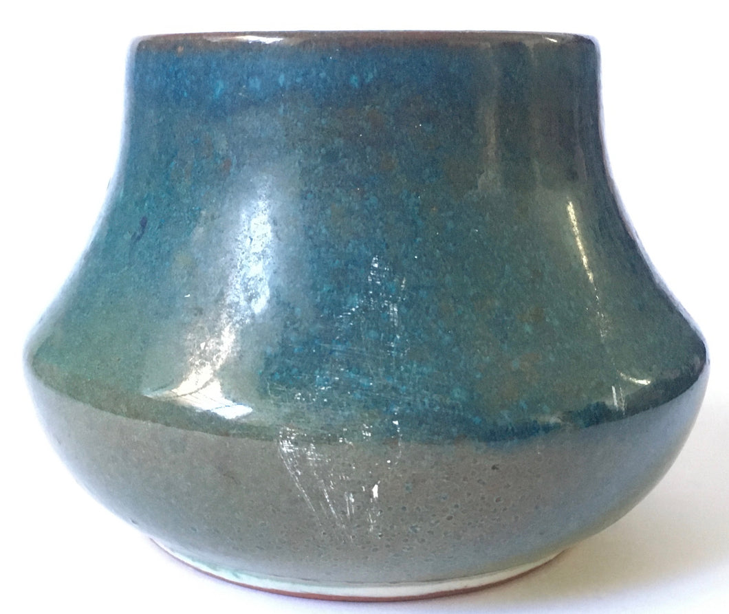 Globe Pottery (South African) Squat Vase 10.5 cm - Green & Blue glaze - Linn Ware Style