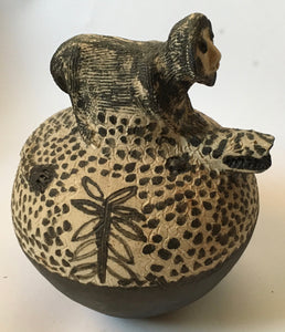 Rorkes Drift Pottery "Monkey riding a Crocodile"  E Mbatha 2008 (South African) ELC arts and Crafts center
