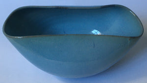 Ceramic Studio Linn Ware LW boat shaped bowl Blue Running glaze South African Pottery