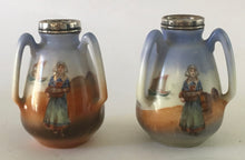 Load image into Gallery viewer, Pair of Royal Bayreuth Bavaria Three handle porcelain vases hallmarked sterling silver rim
