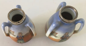 Pair of Royal Bayreuth Bavaria Three handle porcelain vases hallmarked sterling silver rim