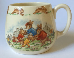 Royal Doulton Bunnykins - HW 22 Wheelbarrow race & HW 22R cricketer - Don Mug BARBARA VERNON