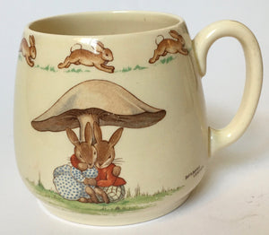 Royal Doulton Bunnykins - HW 4 Cuddling under a Mushroom & HW 11R Kissing under the Mistletoe -  Don Mug BARBARA VERNON