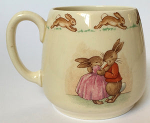 Royal Doulton Bunnykins - HW 4 Cuddling under a Mushroom & HW 11R Kissing under the Mistletoe -  Don Mug BARBARA VERNON