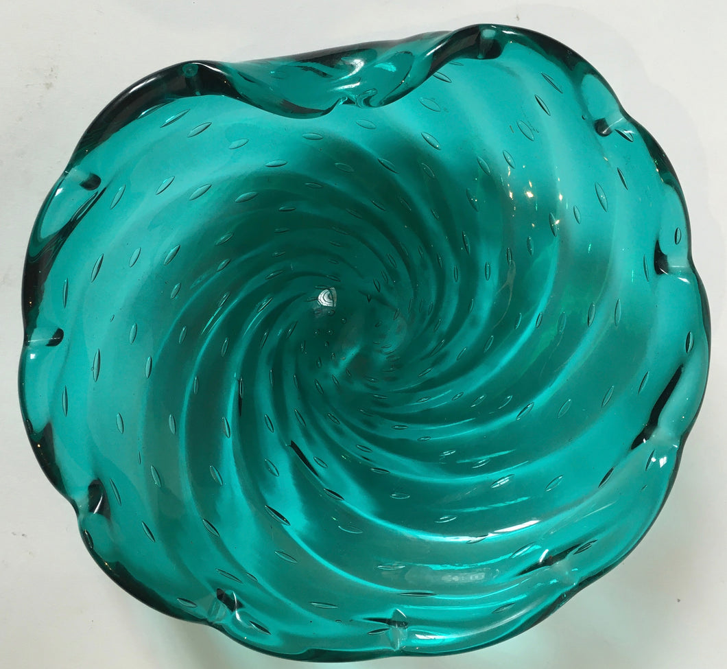 Murano Bowl / Ashtray- Teal Green -  Controlled Bubbles - Polished pontil - Italian Glass