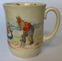 Load image into Gallery viewer, Royal Doulton Bunnykins - HW 9 Gardening style one HW13R Footballer - Rare combination - Don beaker &quot;Bunnies inside&quot; BARBARA VERNON
