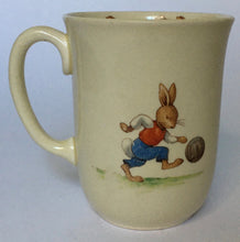 Load image into Gallery viewer, Royal Doulton Bunnykins - HW 9 Gardening style one HW13R Footballer - Rare combination - Don beaker &quot;Bunnies inside&quot; BARBARA VERNON
