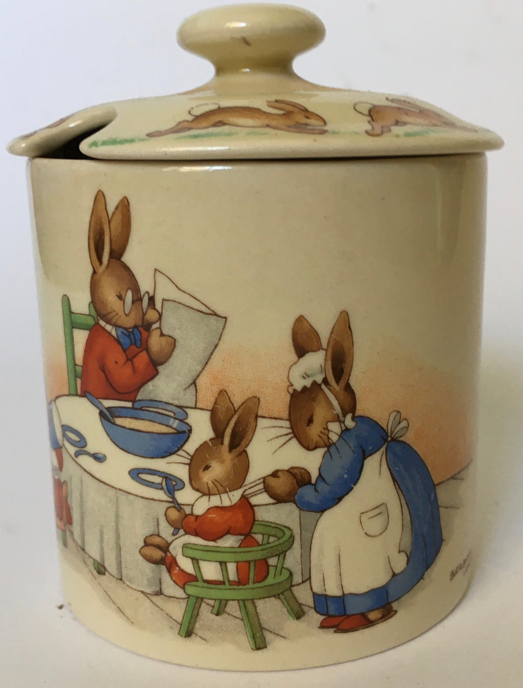 RARE Royal Doulton Bunnykins JAM POT - HW 12 Family at Breakfast & HW 15 R Cycling Signed BARBARA VERNON