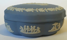 Load image into Gallery viewer, WEDGWOOD blue Jasperware covered bowl Chariot &amp; Angels cameo
