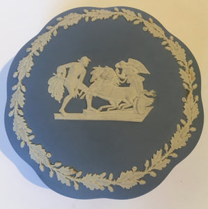WEDGWOOD blue Jasperware covered bowl Chariot & Angels cameo