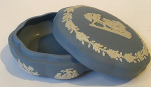 WEDGWOOD blue Jasperware covered bowl Chariot & Angels cameo