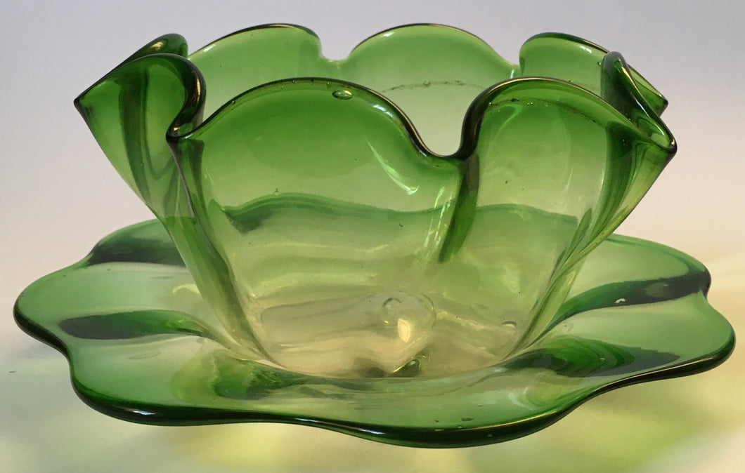 Attributed to Harry Powell for James Powell and Sons, Whitefriars, Hand Blown Green glass bowl on stand