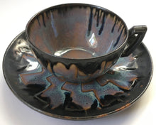 Load image into Gallery viewer, Denbac Pottery Drip Glaze Tea Cup &amp; Saucer shape / Design 527 French Art Nouveau ceramics Made in France 1921-1952
