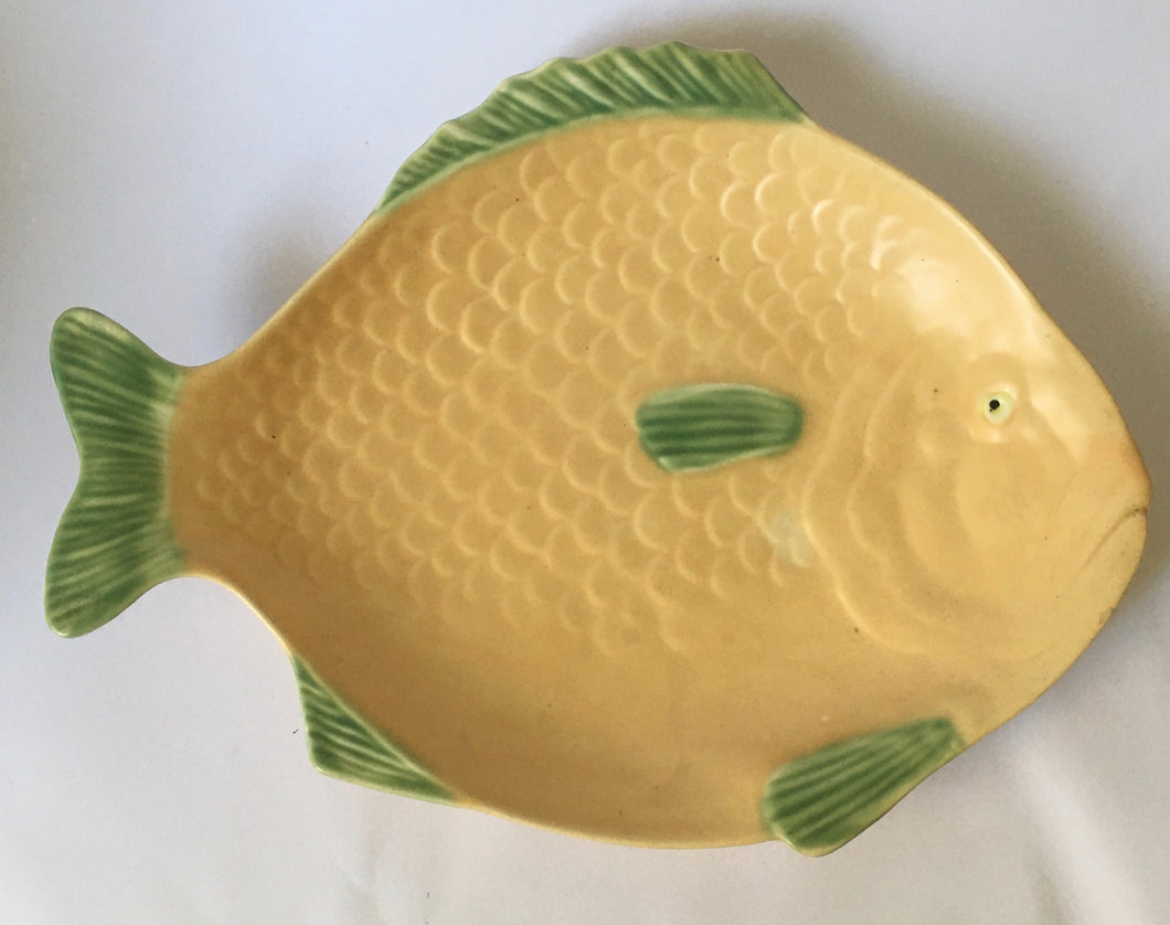 Shorter & Son Fish plate Art deco Clarice Cliff shape 37 cm x 27 cm Matte Yellow, green trim Large platter