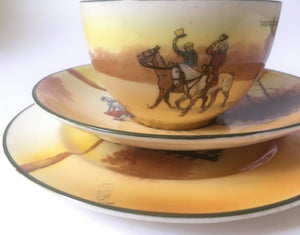 Royal Doulton E 3804 Coaching scenes Trio Yellow & Red Door Bone China 1920s-  Rare series ware