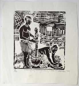 Stamping and Grinding Meal - Linocut print by M. W. Sojola 1993  edition 12/30