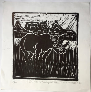 Rhino in Cape Town - Linocut print by M. W. Sojola 1996  edition 3/30