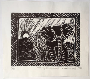 African 'Walking elephant' Linocut print by M. W. Sojola 1996  edition 10/30