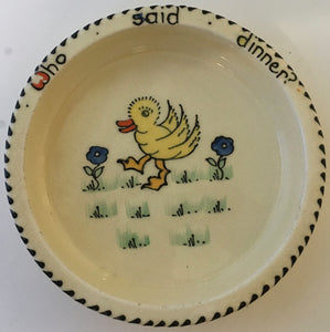 Charlotte Rhead tubelined "WHO SAID DINNER" Nurseryware plate Art Deco Rare Nursery ware