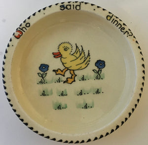 Charlotte Rhead tubelined "WHO SAID DINNER" Nurseryware plate Art Deco Rare Nursery ware