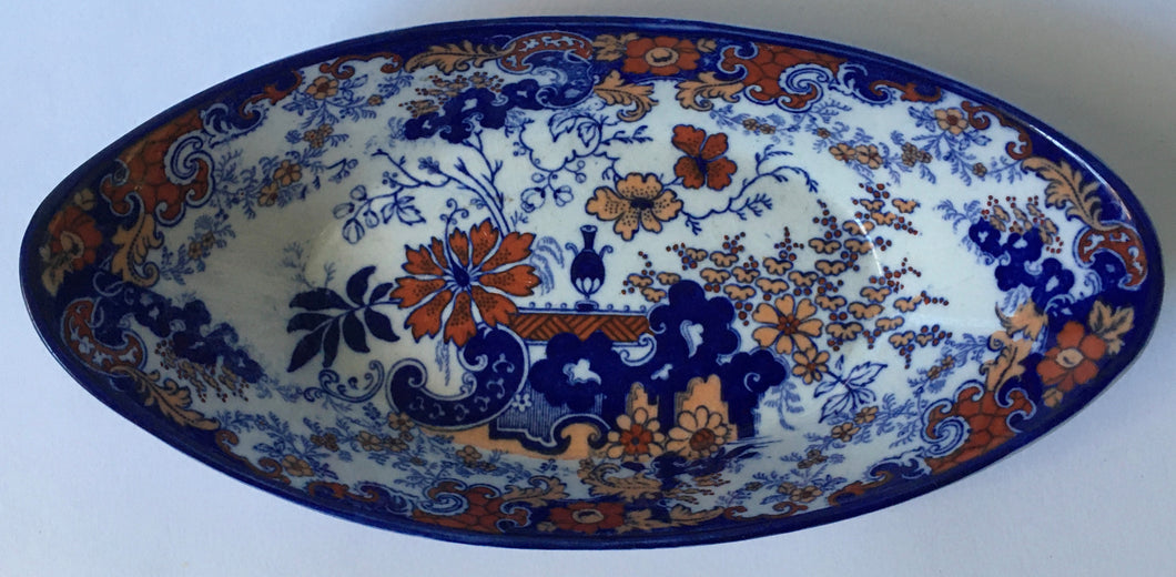 William Ridgway Polychrome Imari boat shape dish Antique English transfer printed  c.1891 Pattern 5619