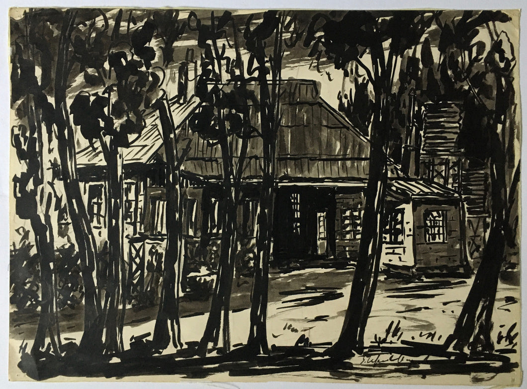 Stefan AMPENBERGER (1908-1983) A Cottage Beyond Trees (South African) ink on paper