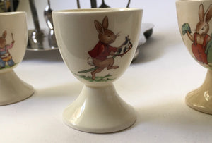 Royal Doulton Bunnykins EGG CUP CUPS on associated silver plated stand TW&S one Signed BARBARA VERNON