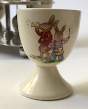 Load image into Gallery viewer, Royal Doulton Bunnykins EGG CUP CUPS on associated silver plated stand TW&amp;S one Signed BARBARA VERNON
