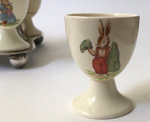 Royal Doulton Bunnykins EGG CUP CUPS on associated silver plated stand TW&S one Signed BARBARA VERNON