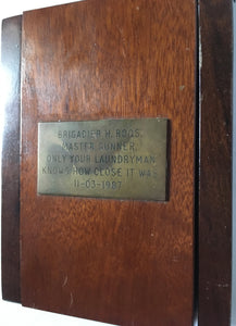 Solid silver hand made coin awarded to BRIGADIER H. ROOS MASTER GUNNER. only your laundryman knows how close it was 11-03-1987