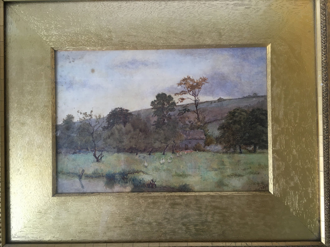 Antique English Leicester Watercolor painting  c.1878 by Elizabeth Pilsbury Ducks and pond