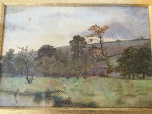 Antique English Leicester Watercolor painting  c.1878 by Elizabeth Pilsbury Ducks and pond