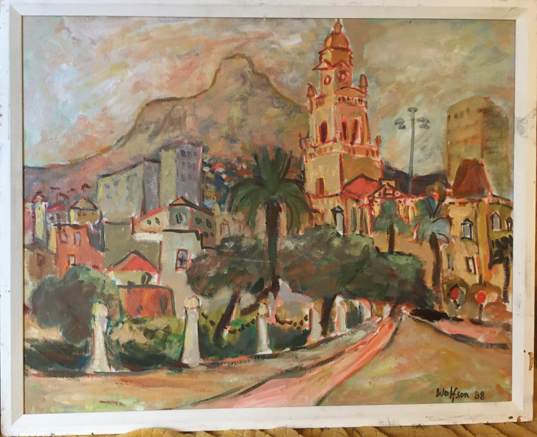 Michael Wolfson - South African Artist - Cape town scene - oil on board painting 1988
