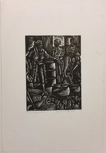 "Umqombothi"- Linocut/woodblock print by Vuyisani Mgijima 1992 edition a/p 5/20