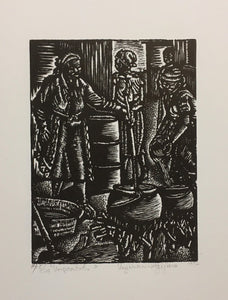 "Umqombothi"- Linocut/woodblock print by Vuyisani Mgijima 1992 edition a/p 5/20