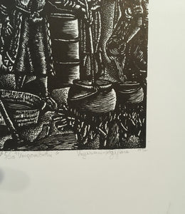 "Umqombothi"- Linocut/woodblock print by Vuyisani Mgijima 1992 edition a/p 5/20