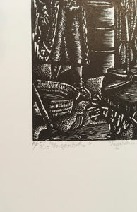 "Umqombothi"- Linocut/woodblock print by Vuyisani Mgijima 1992 edition a/p 5/20