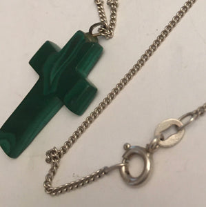 (STR11) Malachite Cross pendent & Sterling silver chain necklace 925 chain 44cm long